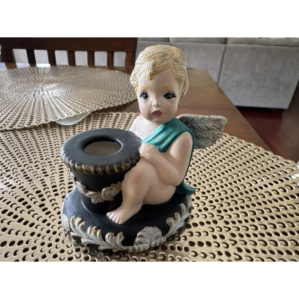 Scioto Ceramic Cherub Angel Candle Holder Hand Painted Teal Wings Black Gold